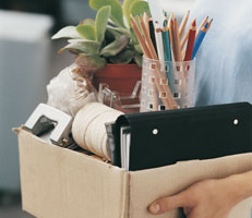 Someone carrying a box containing office materials