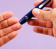 Diabetes patient measuring glucose level blood using glucometer test