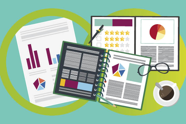 Illustration of a collection of reports with graphs and charts