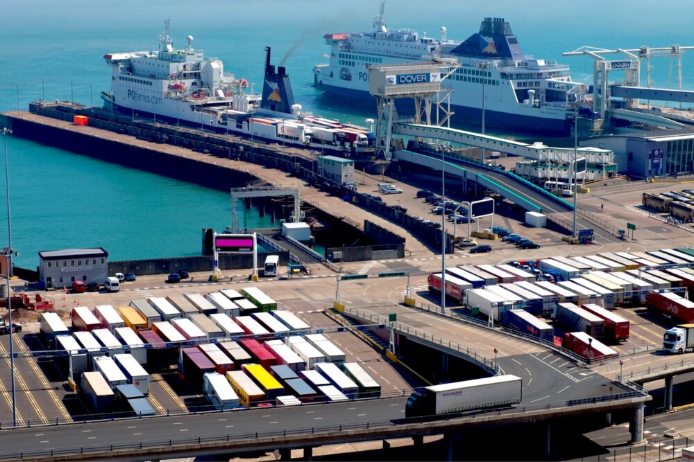 The port of Dover with rows of cargo