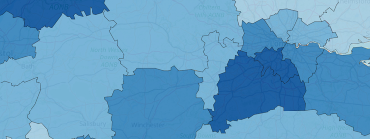 Areas of a map in different shades of blue