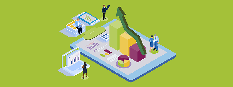 Illustrated people standing around giant charts and graphs