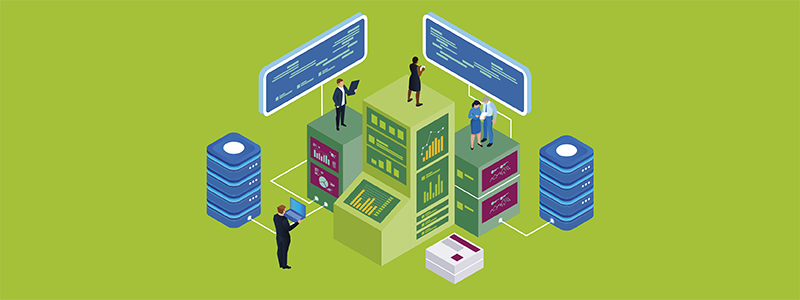 Illustration of people standing around a giant data system with graphs and data servers