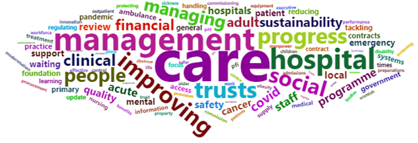 A word cloud. The largest words are care, management, hospital, progress, improving and social.