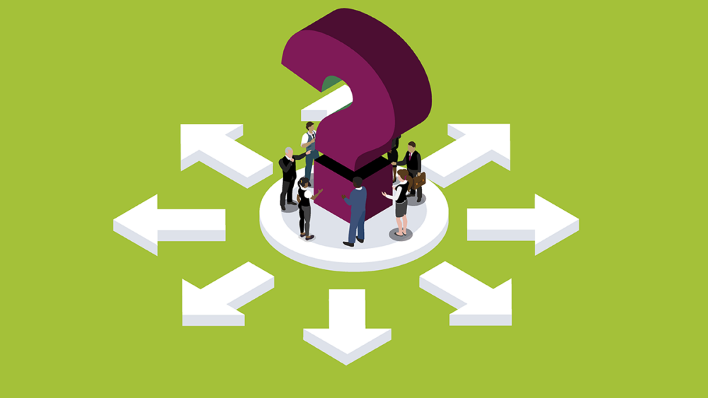 Graphic illustration of people around a question mark with arrows pointing in all directions
