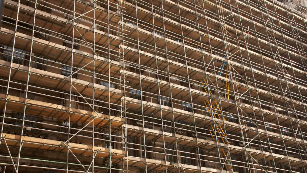 Scaffolding on the side of a large building