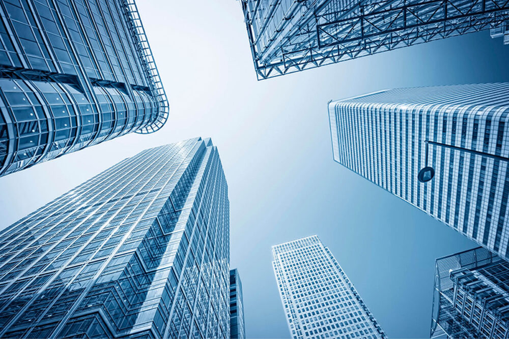 Corporate skyscrapers viewed from ground-level looking up