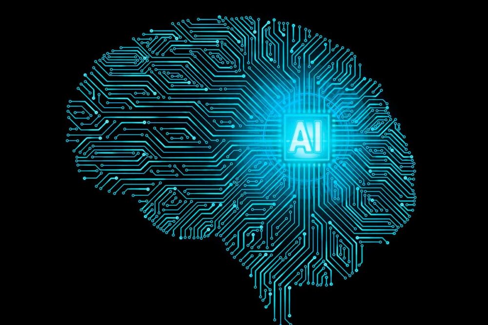 An electric circuit in the shape of a brain, with the word AI lit up