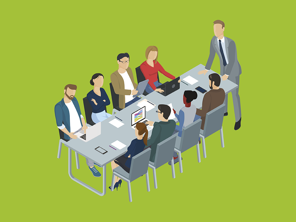 An illustration of office workers sitting round a table