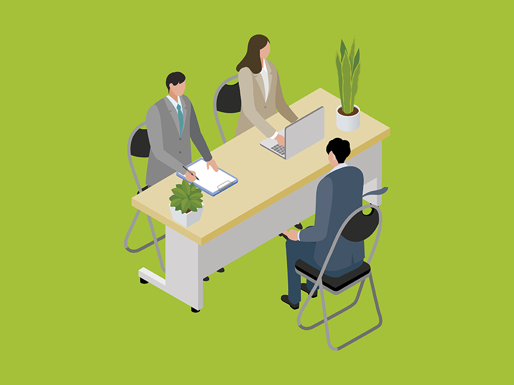 Illustration of two colleagues interviewing a person at a desk