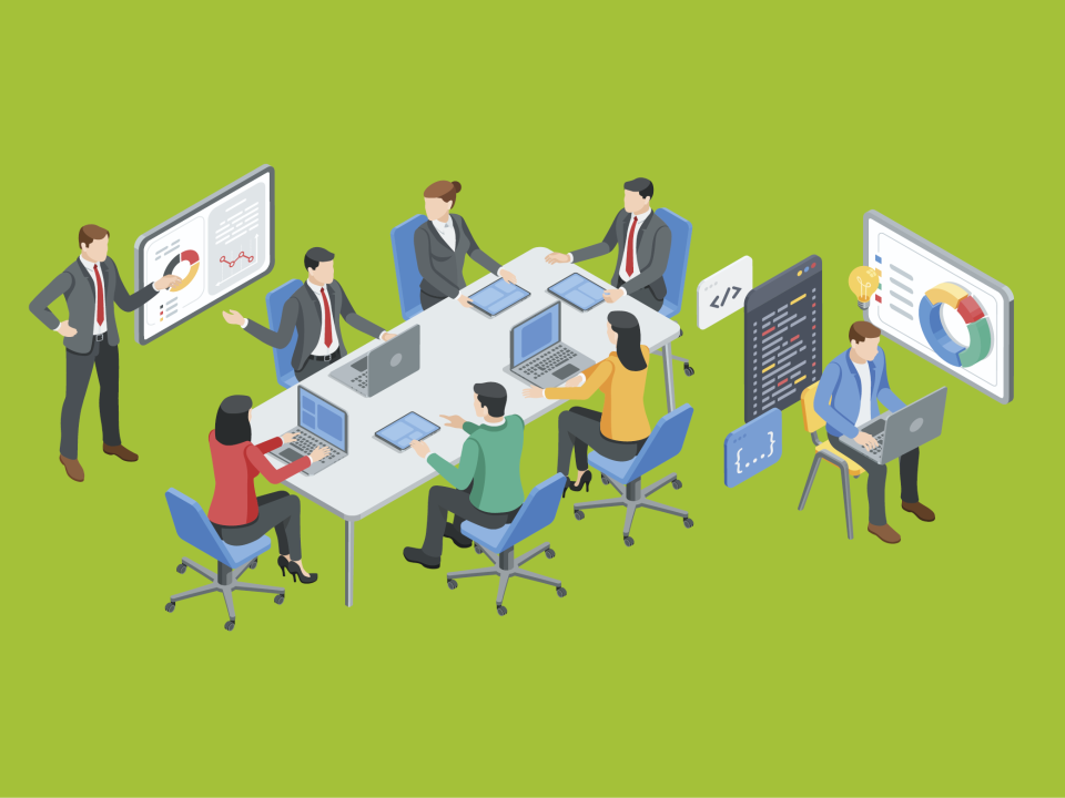 Illustration of a team working at a desk with laptops and charts