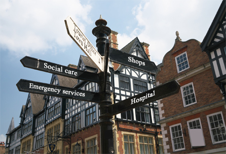 Street sign pointing to range of local government services