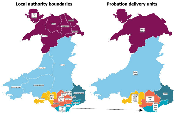 Two maps of Wales showing how local authority boundaries convert to probation delivery units